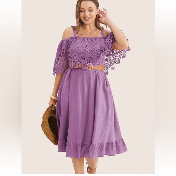 BloomChic Plus Size Solid Cold Shoulder Contrast Lace Pocket Ruffle Hem Dress - Picture 2 of 3